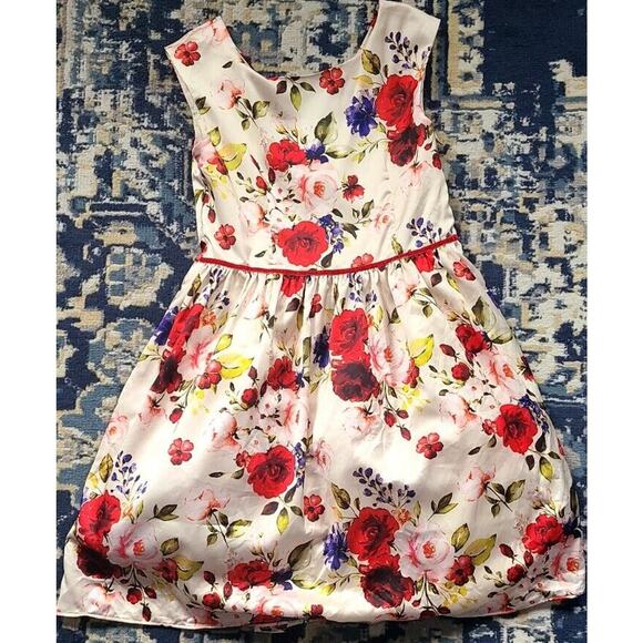 MARMELLATA Girls Red Ivory Floral Party Dress Back Bow Details Sz 10 - Picture 1 of 5